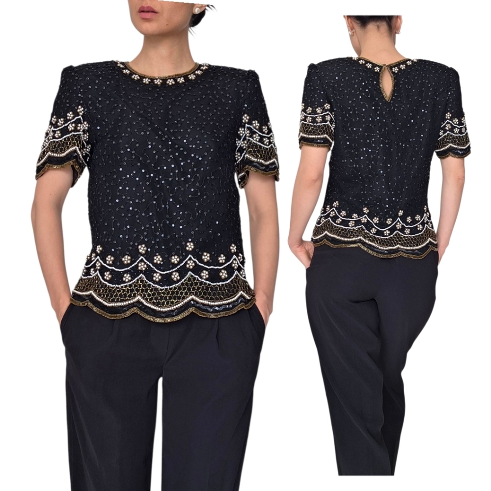 Laurence Kazar vintage black Silk short sleeve sequin beaded blouse Size S